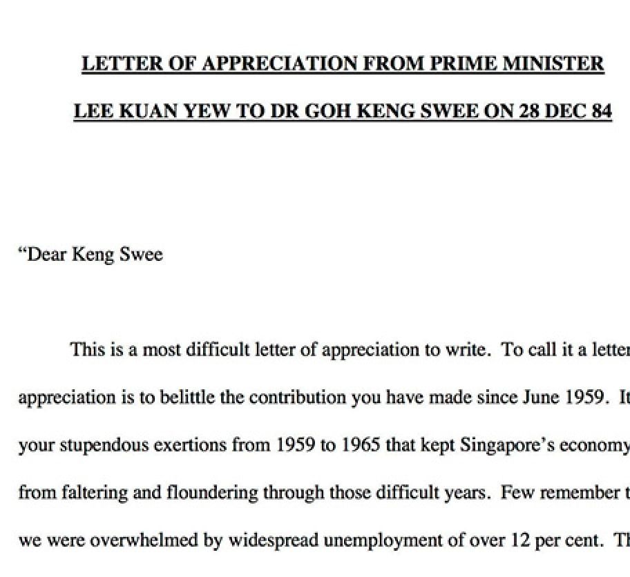 Letter of Appreciation from Prime Minister Lee Kuan Yew
