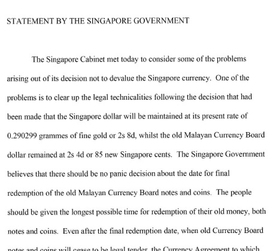 Statement by the Singapore Government on decision not to devalue the Singapore currency