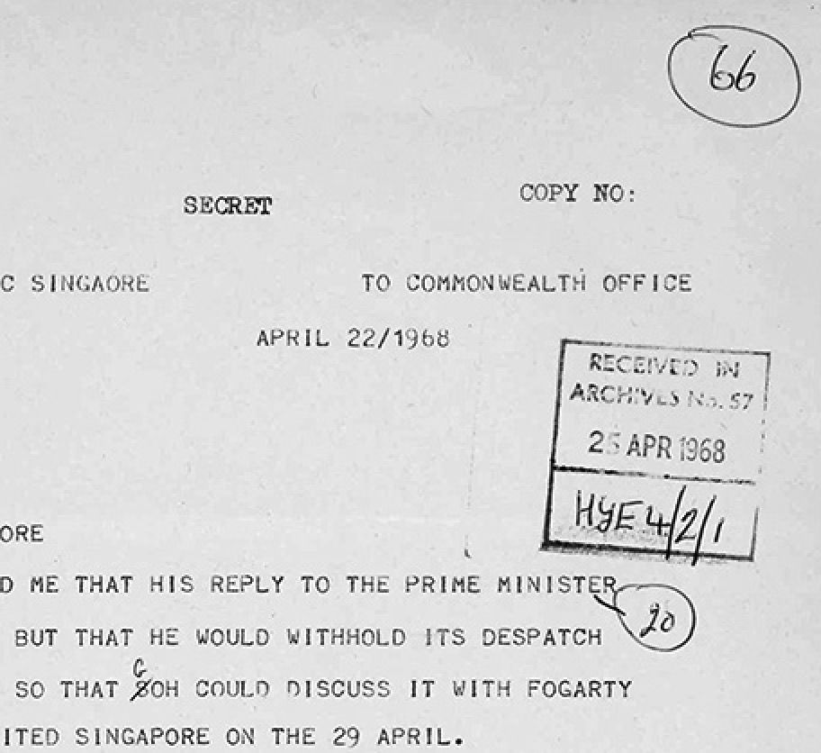 Telegram from Arthur De La Mare: Singapore Sterling