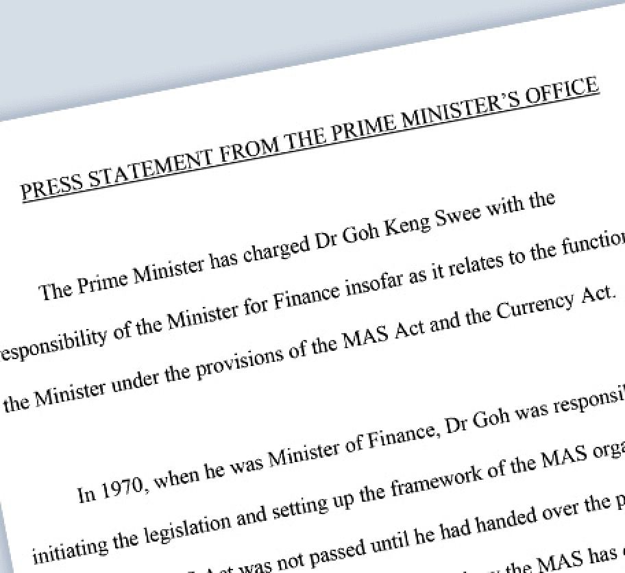 Press release: Dr Goh Keng Swee charged with the responsibility of the minister for Finance